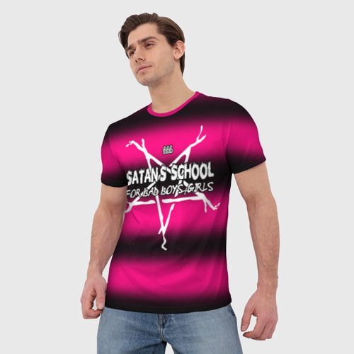 Мужская футболка 3D с принтом Satan school for bad boys and girls pink, фото на моделе #1