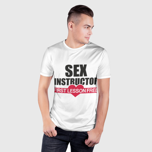 Мужская футболка 3D Slim с принтом Секс инструктор - first lesson free, фото на моделе #1
