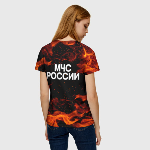 Женская футболка 3D с принтом МЧС РОССИИ ОГОНЬ, вид сзади #2