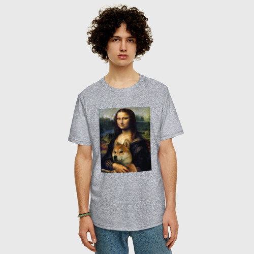 Мужская футболка хлопок Oversize с принтом Shiba Inu Mona Lisa, фото на моделе #1