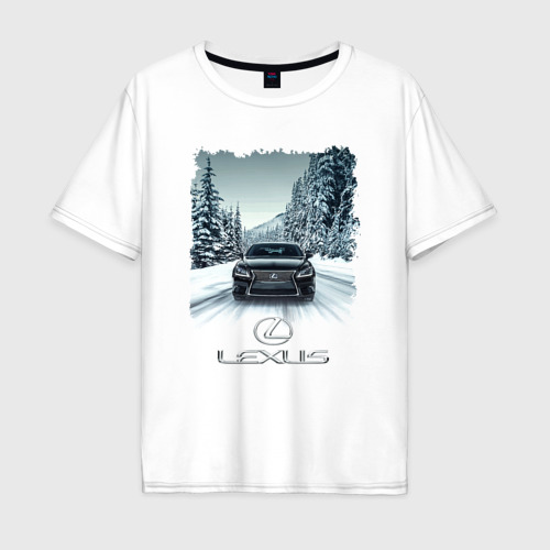 Мужская футболка хлопок Oversize с принтом Lexus - зимняя дорога, вид спереди #2
