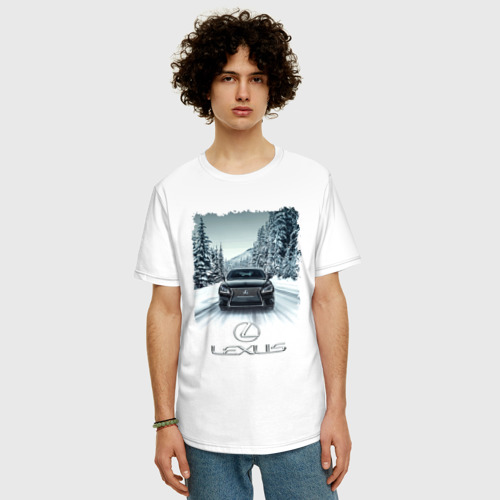 Мужская футболка хлопок Oversize с принтом Lexus - зимняя дорога, фото на моделе #1