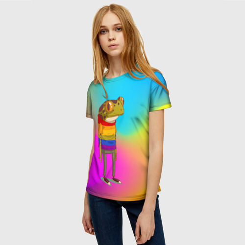 Женская футболка 3D с принтом Радужная лягушка Rainbow Frog, фото на моделе #1