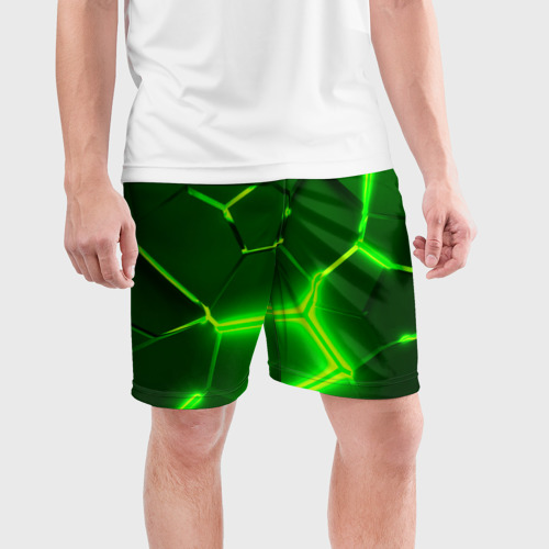 Мужские шорты спортивные с принтом 3D ПЛИТЫ НЕОН / NEON GREEN HEXAGON РАЗЛОМ, фото на моделе #1
