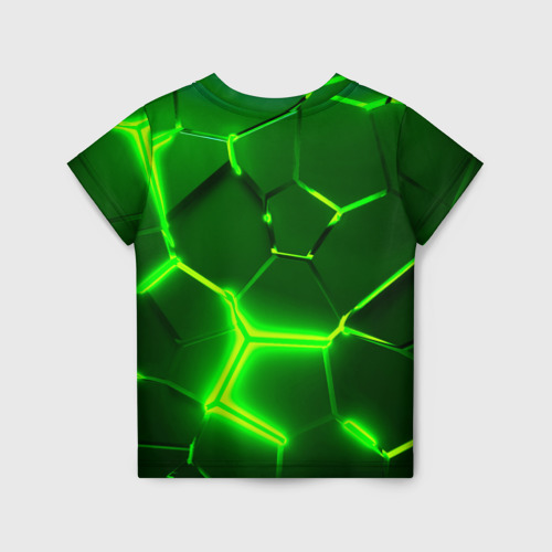Детская 3D футболка с принтом 3D ПЛИТЫ НЕОН / NEON GREEN HEXAGON РАЗЛОМ, вид сзади #1