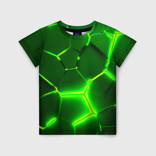 Детская 3D футболка с принтом 3D ПЛИТЫ НЕОН / NEON GREEN HEXAGON РАЗЛОМ, вид спереди #2