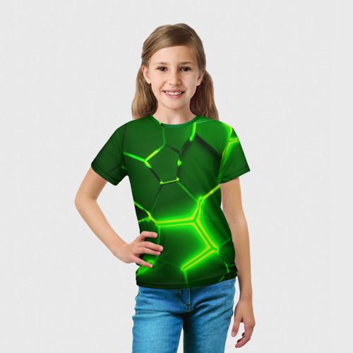 Детская 3D футболка с принтом 3D ПЛИТЫ НЕОН / NEON GREEN HEXAGON РАЗЛОМ, вид сбоку #3