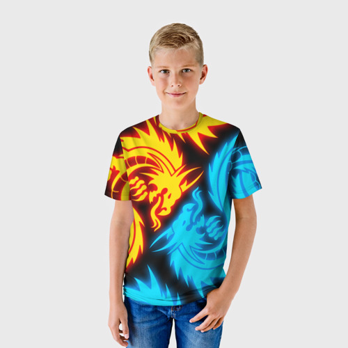Детская 3D футболка с принтом НЕОНОВЫЕ ДРАКОНЫ / NEON DRAGONS, фото на моделе #1