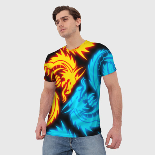 Мужская 3D футболка с принтом НЕОНОВЫЕ ДРАКОНЫ / NEON DRAGONS, фото на моделе #1