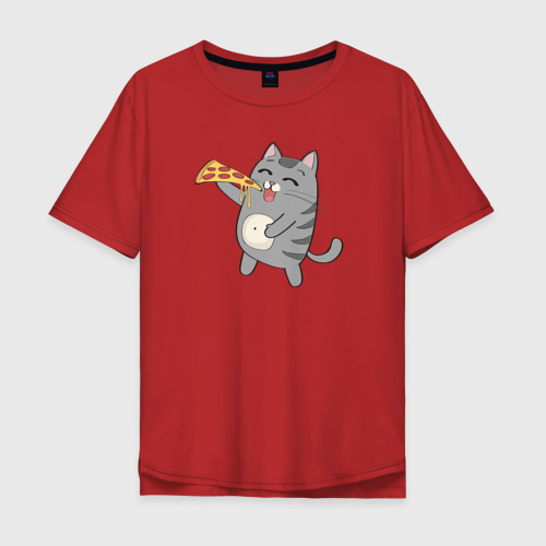 Мужская футболка хлопок Oversize с принтом Кот с кусочком пиццы, вид спереди #2