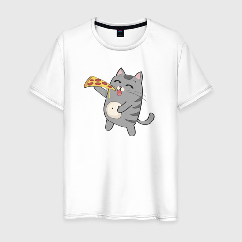 Мужская футболка с принтом Кот с кусочком пиццы, вид спереди #2