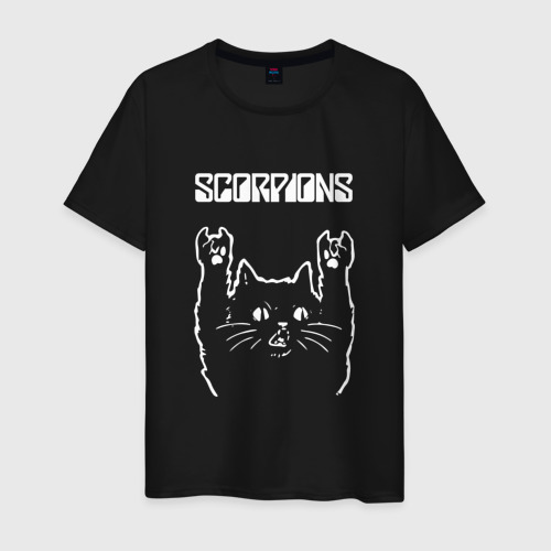 Мужская футболка хлопок с принтом Scorpions Скорпионс Рок кот, вид спереди #2