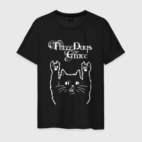 Мужская футболка хлопок с принтом Three Days Grace Рок кот, вид спереди #2