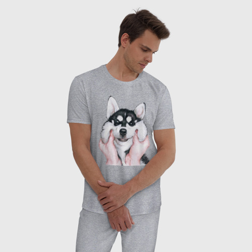 Мужская пижама хлопок с принтом Тискание хаски, фото на моделе #1