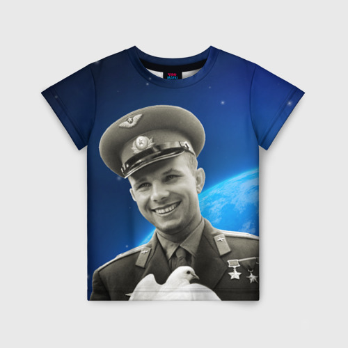 Детская футболка 3D с принтом Юрий Гагарин с голубем 3D, вид спереди #2