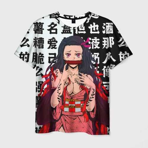 Мужская 3D футболка с принтом НЕЗУКО ТЯН / Ahegao | Клинок рассекающий демонов / иероглифы, вид спереди #2