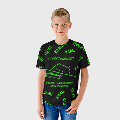 Детская футболка 3D с принтом Кот программист в матрице, фото на моделе #1