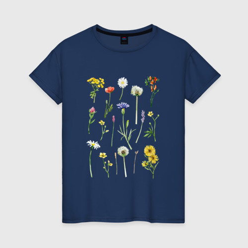 Женская футболка хлопок с принтом Акварельная иллюстрация полевых цветов, вид спереди #2