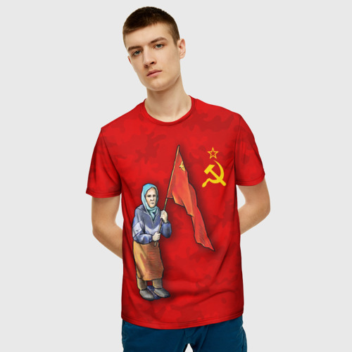 Мужская 3D футболка с принтом Бабушка с символом победы, фото на моделе #1