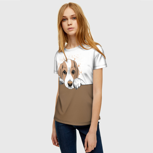 Женская футболка 3D с принтом Грустный Щенок Бигля, фото на моделе #1