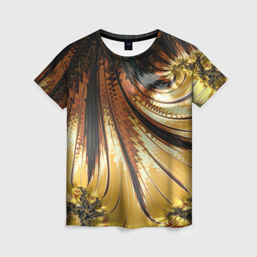 Женская футболка 3D с принтом Черный с золотым фрактал Абстракция, вид спереди #2