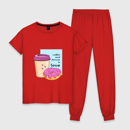 Женская пижама хлопок с принтом Кофе и пончики - это любовь, вид спереди #2