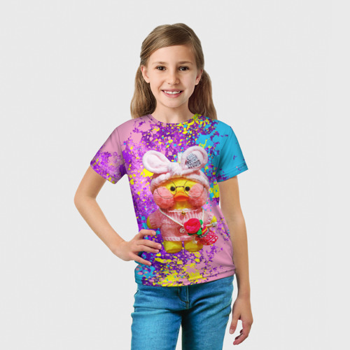 Детская футболка 3D с принтом Игрушка утя Лалафанфан брызги, вид сбоку #3