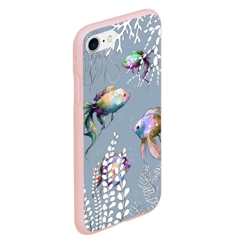 Чехол для iPhone 7/8 матовый с принтом Разноцветные акварельные рыбки и белые  водоросли, вид сбоку #3