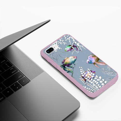 Чехол для iPhone 7Plus/8 Plus матовый с принтом Разноцветные акварельные рыбки и белые  водоросли, фото #5