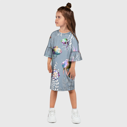 Детское платье 3D с принтом Разноцветные акварельные рыбки и белые  водоросли, фото на моделе #1
