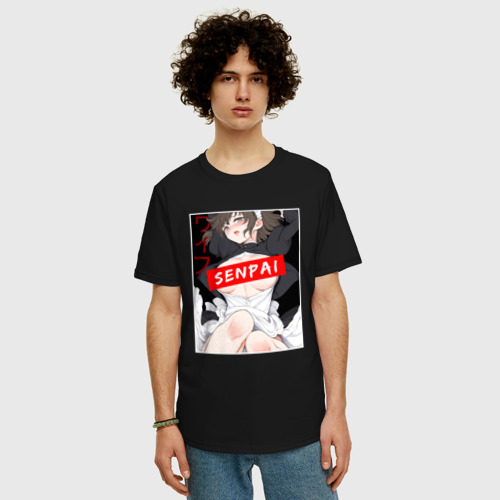 Мужская футболка хлопок Oversize с принтом Девушка и надпись Senpai Ahegao, фото на моделе #1