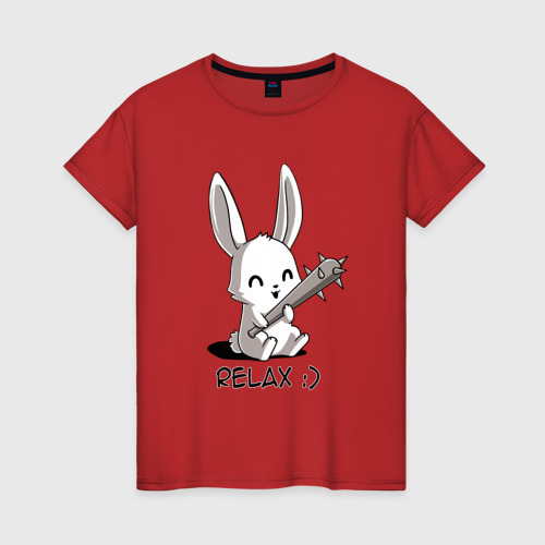 Женская футболка хлопок с принтом Милый зайчик с дубинкой, вид спереди #2