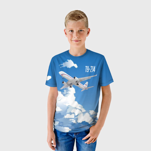 Детская футболка 3D с принтом Самолет реактивный Ту-214, фото на моделе #1