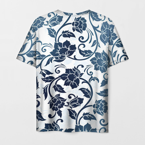 Мужская футболка 3D с принтом Гжелевые цветы, вид сзади #1