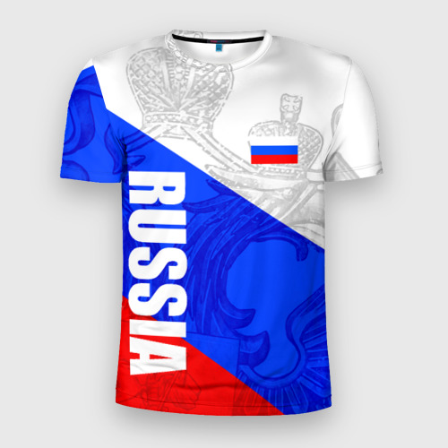 Мужская футболка 3D Slim с принтом Russia - sportwear - триколор, вид спереди #2