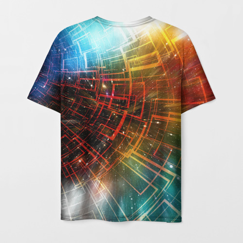Мужская футболка 3D с принтом Portal - Neon Space - туннель из энергетических панелей, вид сзади #1