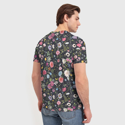 Мужская футболка 3D с принтом Разные цветы листья травы на темном фоне, вид сзади #2