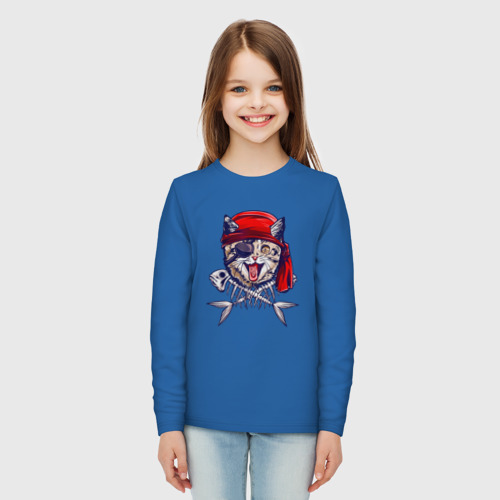 Детский лонгслив хлопок с принтом Кот пират и рыбьи кости, вид сбоку #3