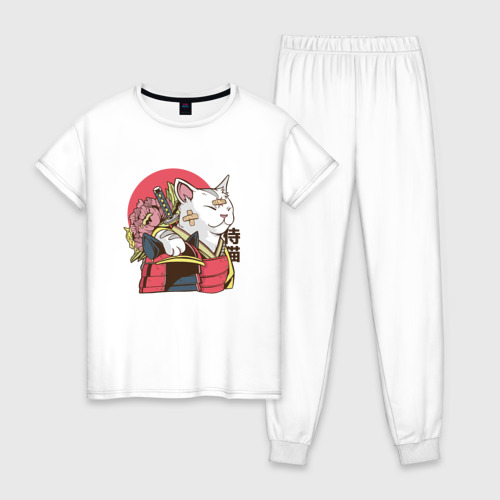 Женская пижама хлопок с принтом Котик Самурай | Samurai Cat | Japanese art, вид спереди #2