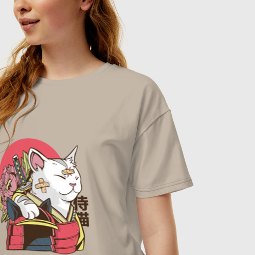 Женская футболка хлопок Oversize с принтом Котик Самурай Samurai Cat Japanese art, фото на моделе #1