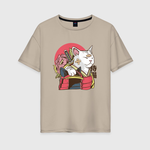 Женская футболка хлопок Oversize с принтом Котик Самурай Samurai Cat Japanese art, вид спереди #2