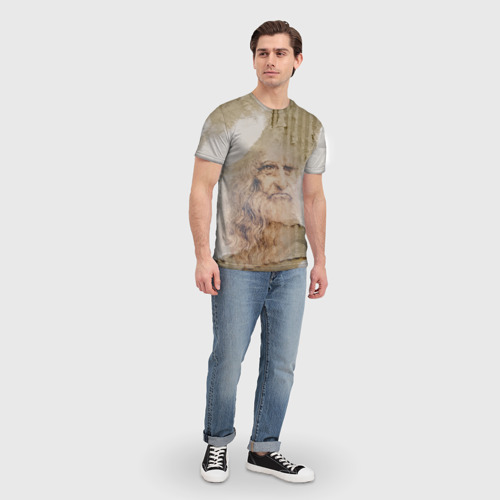 Мужская футболка 3D с принтом Леонардо да Винчи - автопортрет на порванном гофрированном картоне, вид сбоку #3