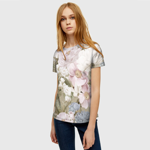 Женская 3D футболка с принтом Цветы Английский Садовый Узор, фото на моделе #1