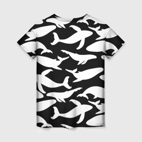 Женская футболка 3D с принтом Киты в черно-белом, вид сзади #1