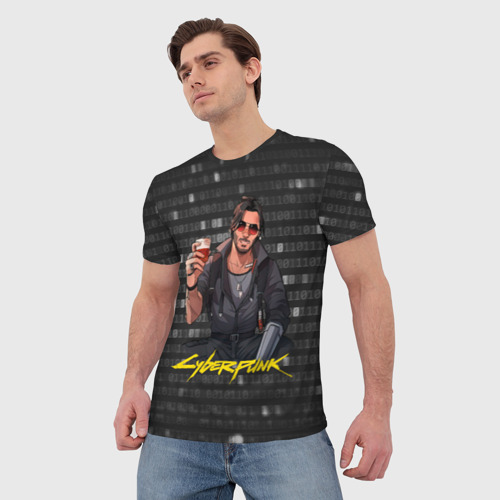 Мужская 3D футболка с принтом Cyberpunk2077 Джонни с бокалом, фото на моделе #1