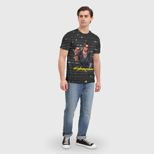 Мужская 3D футболка с принтом Cyberpunk2077 Джонни с бокалом, вид сбоку #3