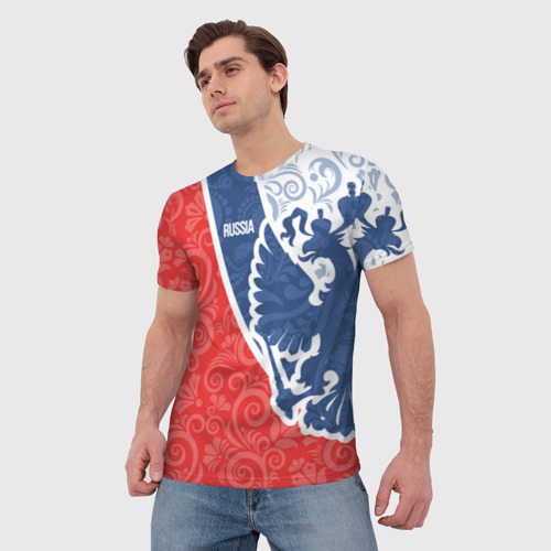 Мужская футболка 3D с принтом ГЕРБ РОССИИ С УЗОРАМИ, фото на моделе #1