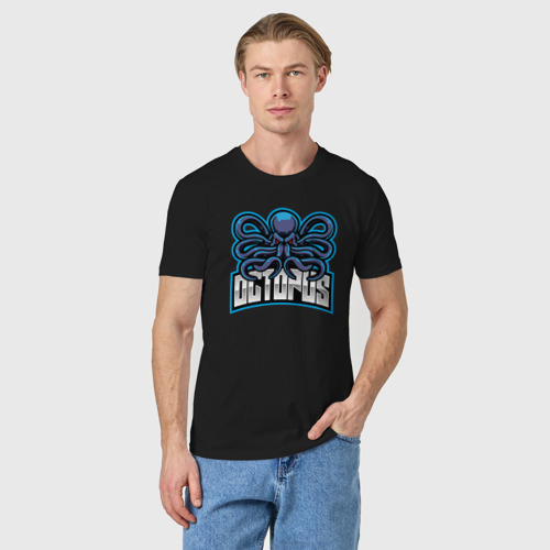 Мужская футболка хлопок с принтом Blue octopus, фото на моделе #1