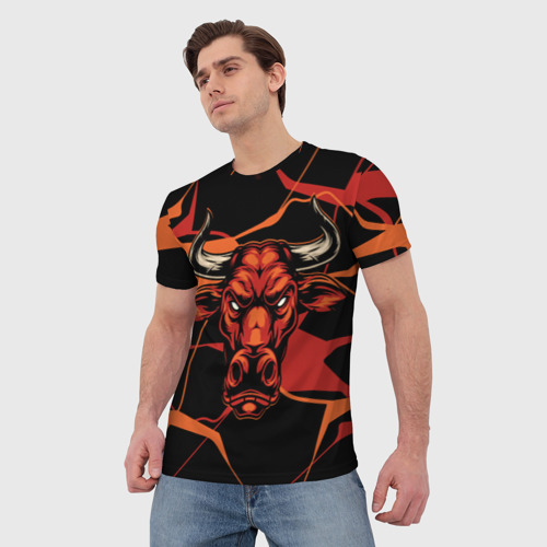 Мужская 3D футболка с принтом Голова красного быка, фото на моделе #1