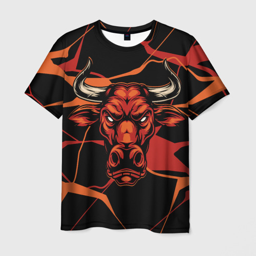 Мужская 3D футболка с принтом Голова красного быка, вид спереди #2